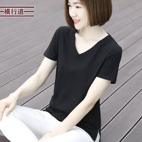 2025新款夏装黑色鸡心领短袖t恤女宽松v领上衣女妈妈半袖大码体恤商品大图