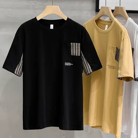 条纹拼接短袖T恤男日系2023新款春夏季韩版潮流宽松半袖夏装体恤商品大图