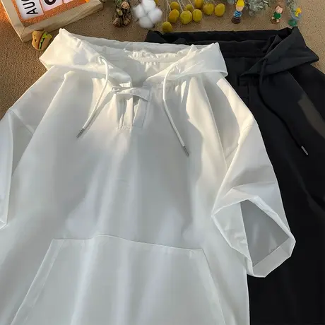 冰丝连帽冲锋短袖t恤男夏季薄款凉感宽松美式潮牌工装卫衣七分袖图片