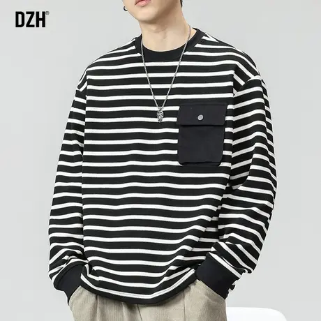 男生条纹t恤男长袖秋季宽松休闲打底衫圆领男装2024新款上衣男款商品大图