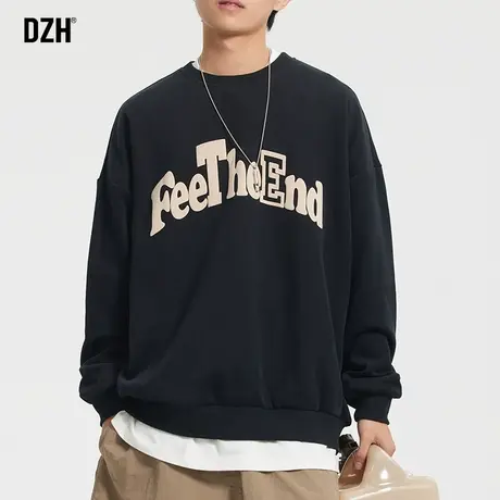 重磅圆领卫衣男士秋季宽松美式潮牌上衣2023新款纯棉无帽黑色外套商品大图