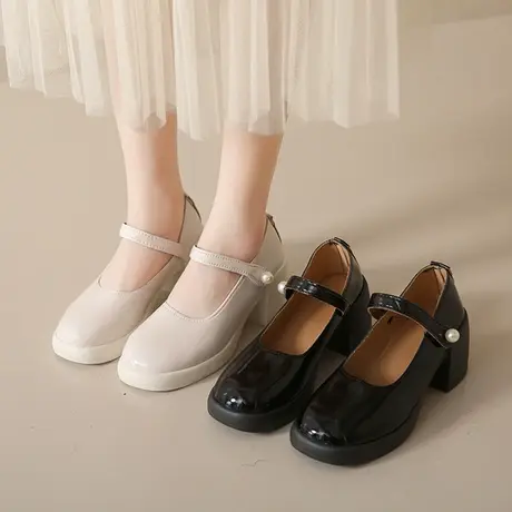 2023年新款玛丽珍粗跟单鞋女珍珠法式复古高跟鞋一字带浅口仙女鞋商品大图
