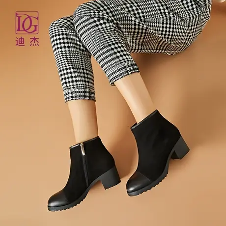 真皮小短靴女新款秋冬季单靴妈妈中粗跟百搭时尚绒面女靴子图片