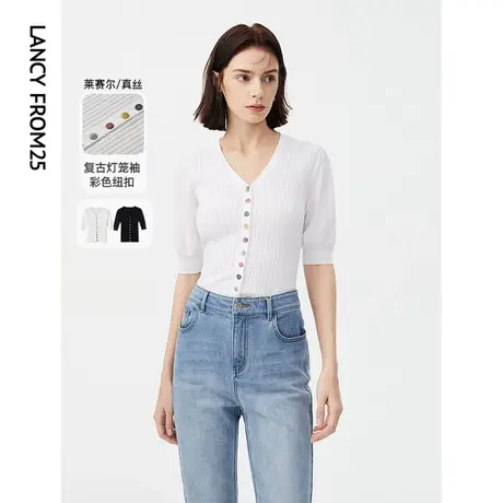 朗姿法式黑色白色复古泡泡袖毛针织衫短袖夏季新款打底衫T恤上衣商品大图