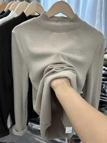 软糯秋冬刺新款加绒加厚半高领T恤女长袖洋气内搭打底衫大码外穿商品大图