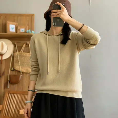 dza 复古纯色连帽针织衫女士秋冬洋气毛衣内搭漂亮上衣宽松打底衫图片