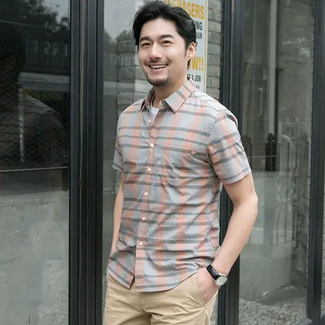 格慕施薄款格子短袖衬衫男士青年大码宽松商务休闲寸衫纯棉衬衣男商品大图