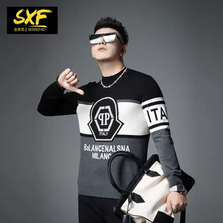 SXF圣希梵针织衫男 2023冬季新款羊毛衫撞色潮牌拼接刺绣男士毛衣商品大图