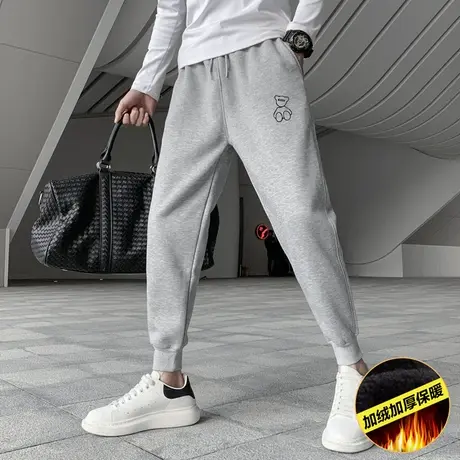 冬季男士裤子休闲裤卫裤运动裤学生加绒潮流小熊简约束脚加厚卫裤商品大图