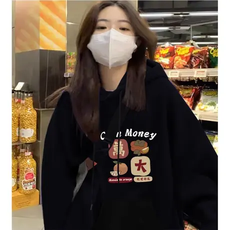 欧洲站潮牌黑色连帽卫衣女2024龙年本命年新款宽松加厚外搭上衣款商品大图