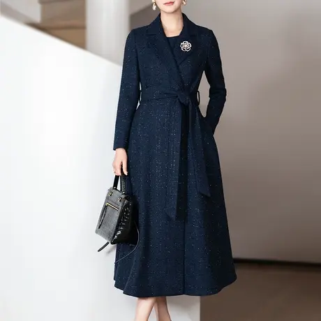 蓝色小香风外套女2024冬新款时尚气质洋气中长款修身显瘦大衣女图片