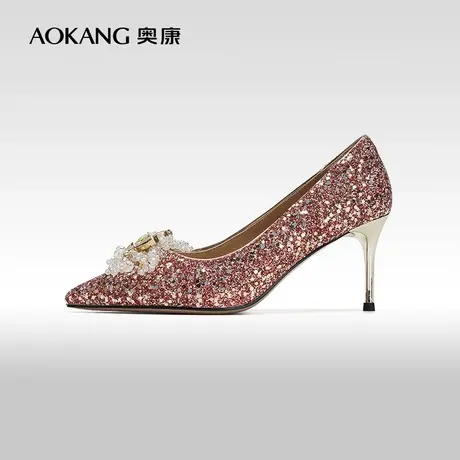 【门店发货】奥康女鞋 2024春季新款华丽细闪婚鞋气质钻饰高跟鞋图片