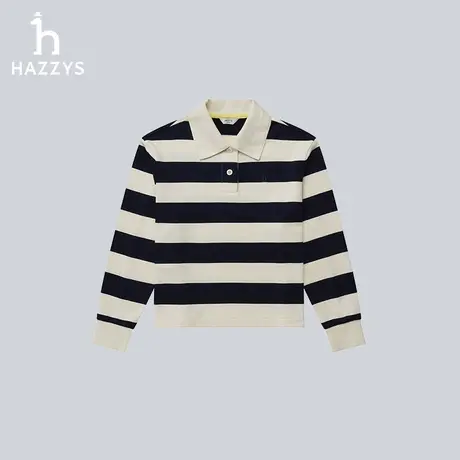 【商场同款】Hazzys哈吉斯2024春季新品宽松版条纹翻领长袖卫衣女图片