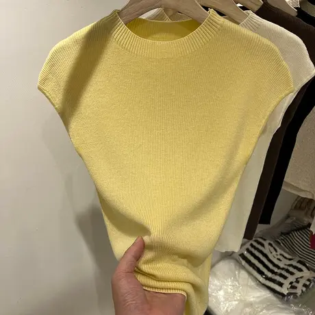 纯色百搭柔软坑条针织半袖T恤女2024夏装新款修身显瘦小衫上衣潮商品大图