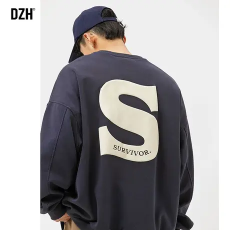 男士藏青色慵懒风卫衣男春秋美式重磅宽松上衣圆领外套2024年新款图片