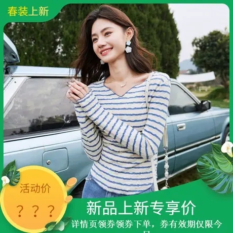 时尚气质织衫2024年春季新款v领修身条纹显瘦套头通勤百搭T上衣商品大图