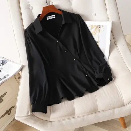 伊自尚2024年春季新款女装大码胖mm显瘦遮肉百搭气质上衣黑色衬衫图片