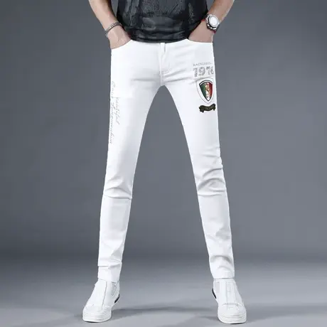 欧洲站夏季白色牛仔裤男修身小脚2024新款韩版潮牌烫钻男士裤子商品大图
