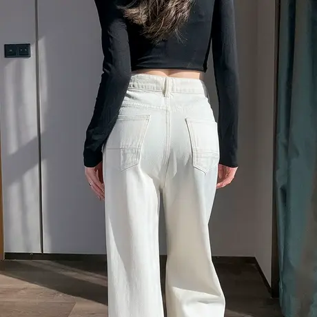 白色高腰阔腿牛仔裤女2024春夏新款宽松显瘦垂感冰丝直筒拖地裤子图片