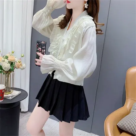 温柔风V领针织开衫女春秋2023新款设计感短款小个子甜美毛衣外套商品大图