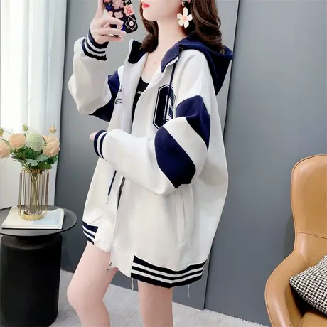 学院风休闲连帽棒球服卫衣开衫女春季2024年新款宽松减龄外套上衣图片