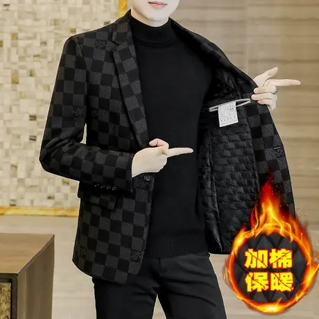 男士冬季加绒保暖呢子外套潮韩版加厚西服休闲商务男装毛呢小西装商品大图