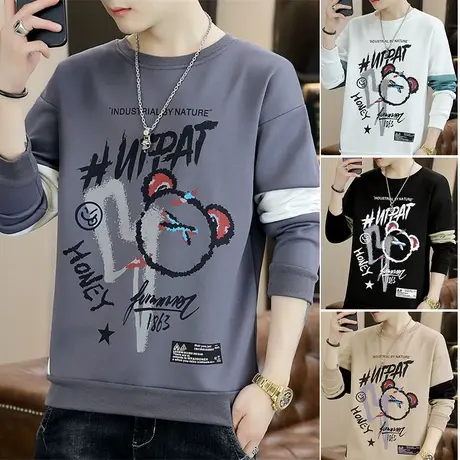 男士潮牌圆领拼色长袖T恤2023秋季新款卡通印花卫衣潮流休闲上衣商品大图