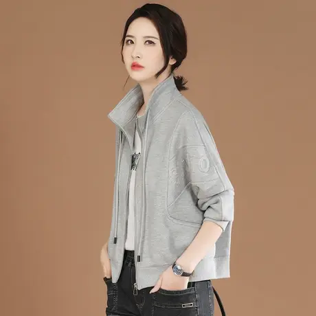 韩潮袭人立领长袖印花灰色休闲短外套女2023秋装新款显瘦棒球服图片