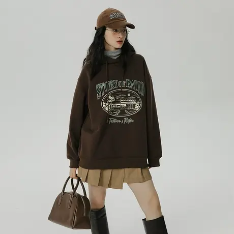 omont蛋挞家 连帽加绒卫衣2023新款女秋冬美式复古oversize卫衣商品大图