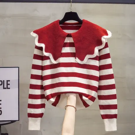 娃娃领毛衣女套头2023秋装新款内搭打底衫外穿上衣加厚条纹针织衫商品大图