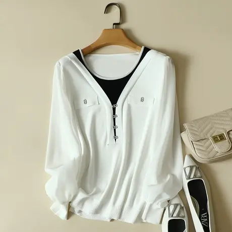 雪纺袖冰丝针织衫假两件秋装2023年新款宽松上衣洋气蕾丝打底衫女图片