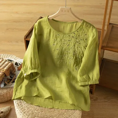 享永子刺绣宽松苎麻中袖衬衫T恤女文艺复古显瘦棉麻上衣2023新款图片