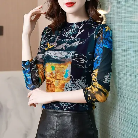 加绒加厚打底衫女内搭秋冬新款复古印花T恤长袖半高领网纱上衣ins商品大图