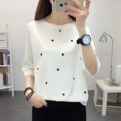 圆领冰丝中袖针织衫2023春季新款七分袖洋气百搭薄款女士上衣韩版图片