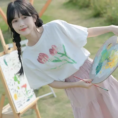 白色短袖T恤女设计感小众夏季2023年新款韩版宽松小个子上衣ins潮商品大图