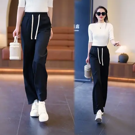 窄版阔腿裤女2023新款夏季韩版高腰直筒裤小个子宽松垂感拖地裤子商品大图