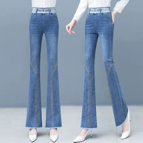 高腰直筒烫钻微喇牛仔裤女2023春季新款个性设计休闲拖地喇叭裤子图片