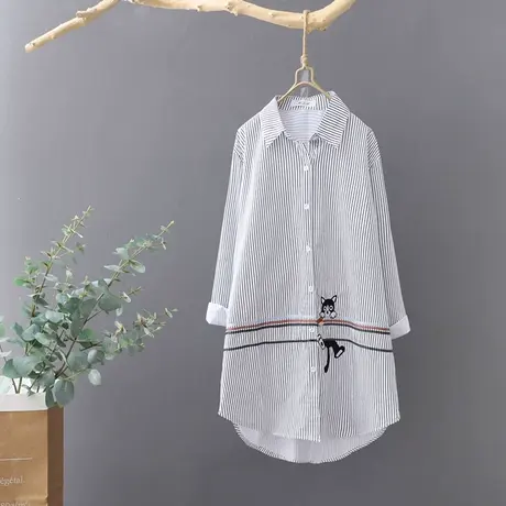 韩范条纹衬衫女2023春季新款中长款长袖纯棉刺绣宽松衬衣打底上衣商品大图