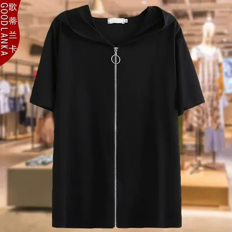 大码女装宽松洋气短袖T恤外套中年妈妈气质帽衫200斤加肥加大上衣商品大图