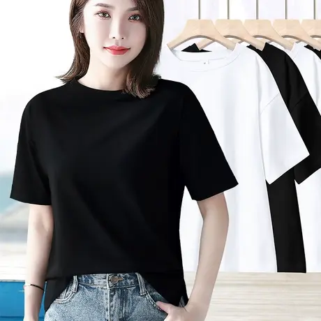 黑色下摆两侧开叉纯棉宽松短袖t恤女款夏季百搭纯色遮肉半袖体恤图片