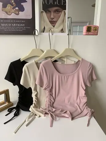 设计感腰侧双抽绳U领短袖锁骨T恤女夏季修身显瘦百搭辣妹短款上衣商品大图