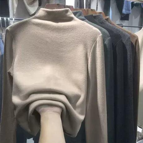 德绒打底衫女秋冬2023新款洋气加绒加厚港风半高领阳离子打底衫潮商品大图