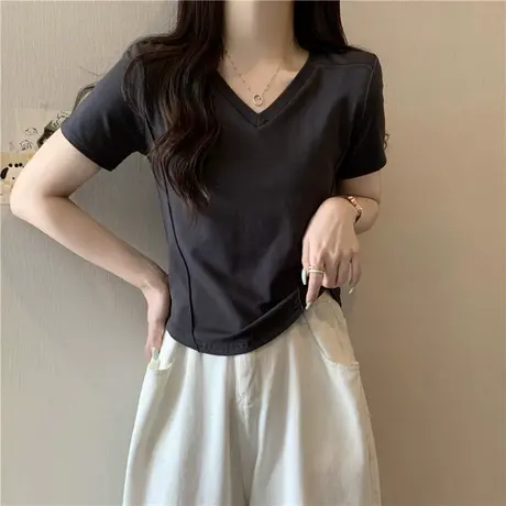 短袖T恤女夏天修身2023新款小个子短款半袖打底小衫正肩V领上衣商品大图