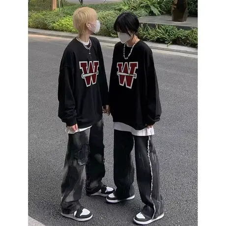 oversize圆领美式复古卫衣女ins潮牌宽松春秋薄款港风情侣装上衣商品大图