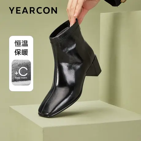 意尔康法式真皮粗跟女炸街小短靴秋冬季瘦瘦靴高跟鞋小个子马丁靴商品大图