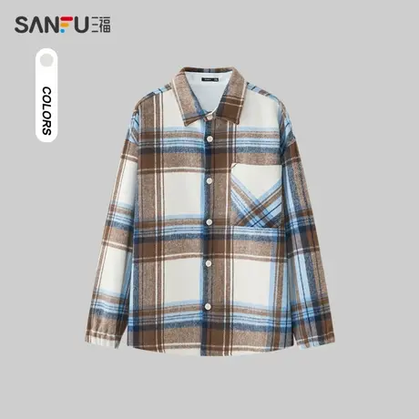 三福2023冬男士经典格纹法兰绒长衬衫 休闲宽松翻领上衣476261商品大图