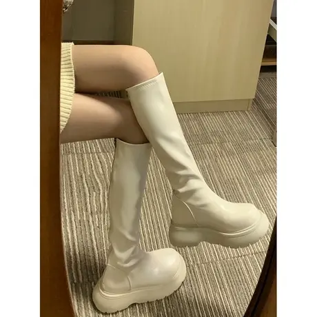 加绒长筒靴女2023年秋冬新款瘦瘦靴高筒骑士靴厚底小个子白色长靴图片