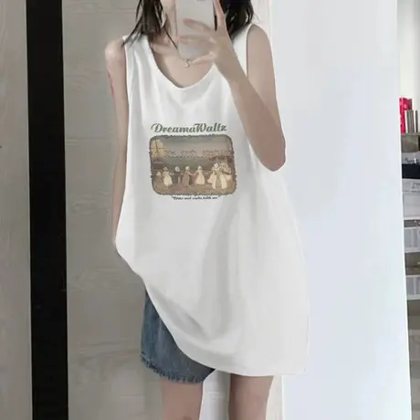纯棉吊带坎肩背心无袖t恤女夏季设计感小众外穿宽松港风挂脖上衣图片