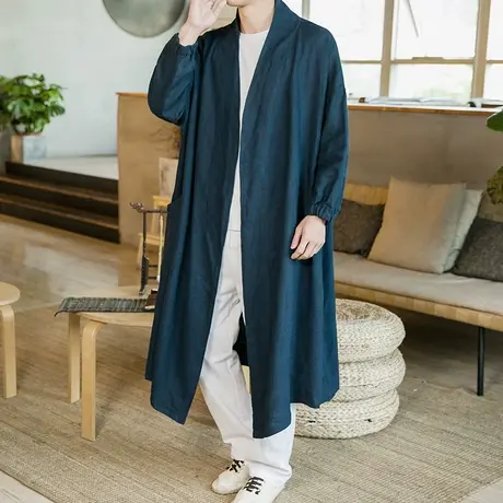 冬季中长款对襟无扣风衣中国风道袍披风外套复古后盘扣居士禅服男图片