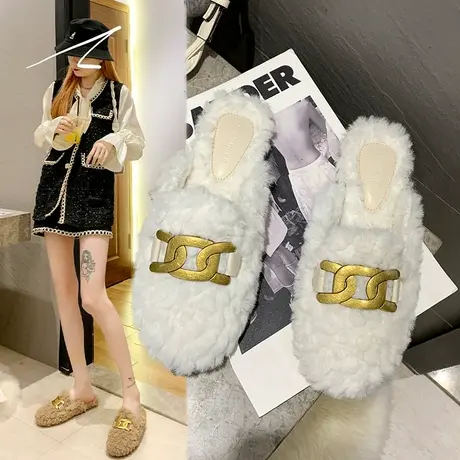 毛毛鞋女鞋2024年秋冬季新款百搭韩版平底金属扣包头半拖鞋女外穿商品大图